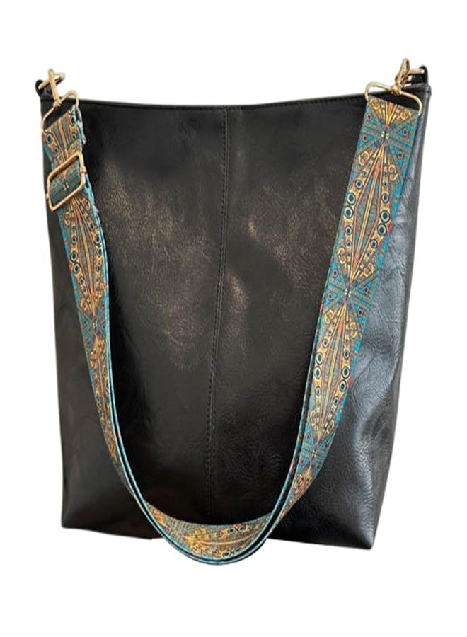 CALFOVERA Vegan PU Leather Crossbody Hobo Bag with Zipper Black Stylish Shoulder Purses for Women Wide Guitar Strap Tote Bucket Bag for Working, Shopping, Traveling, Meeting, Daily Use - Image 1